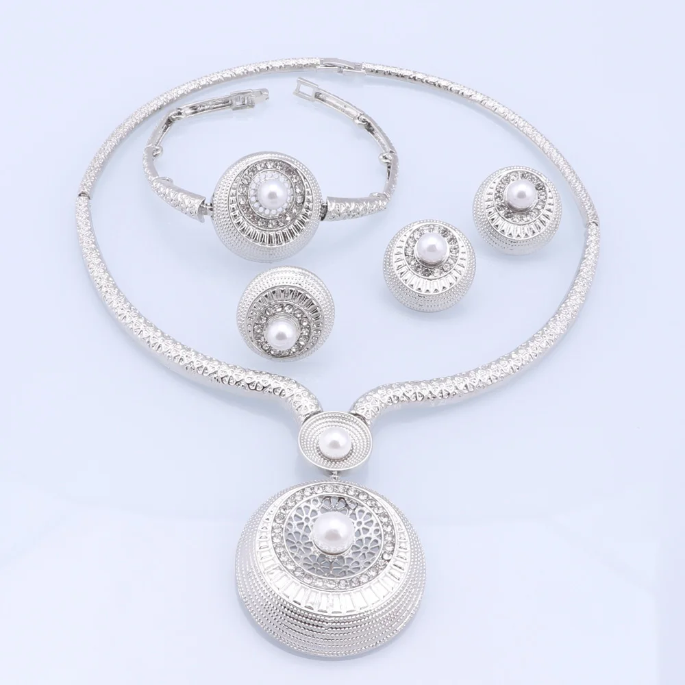 CYNTHIA Dubai Silver Color Jewelry Sets Women African Party Wedding Gifts Ethiopia Necklace and Earrings Ring Sets Pendant