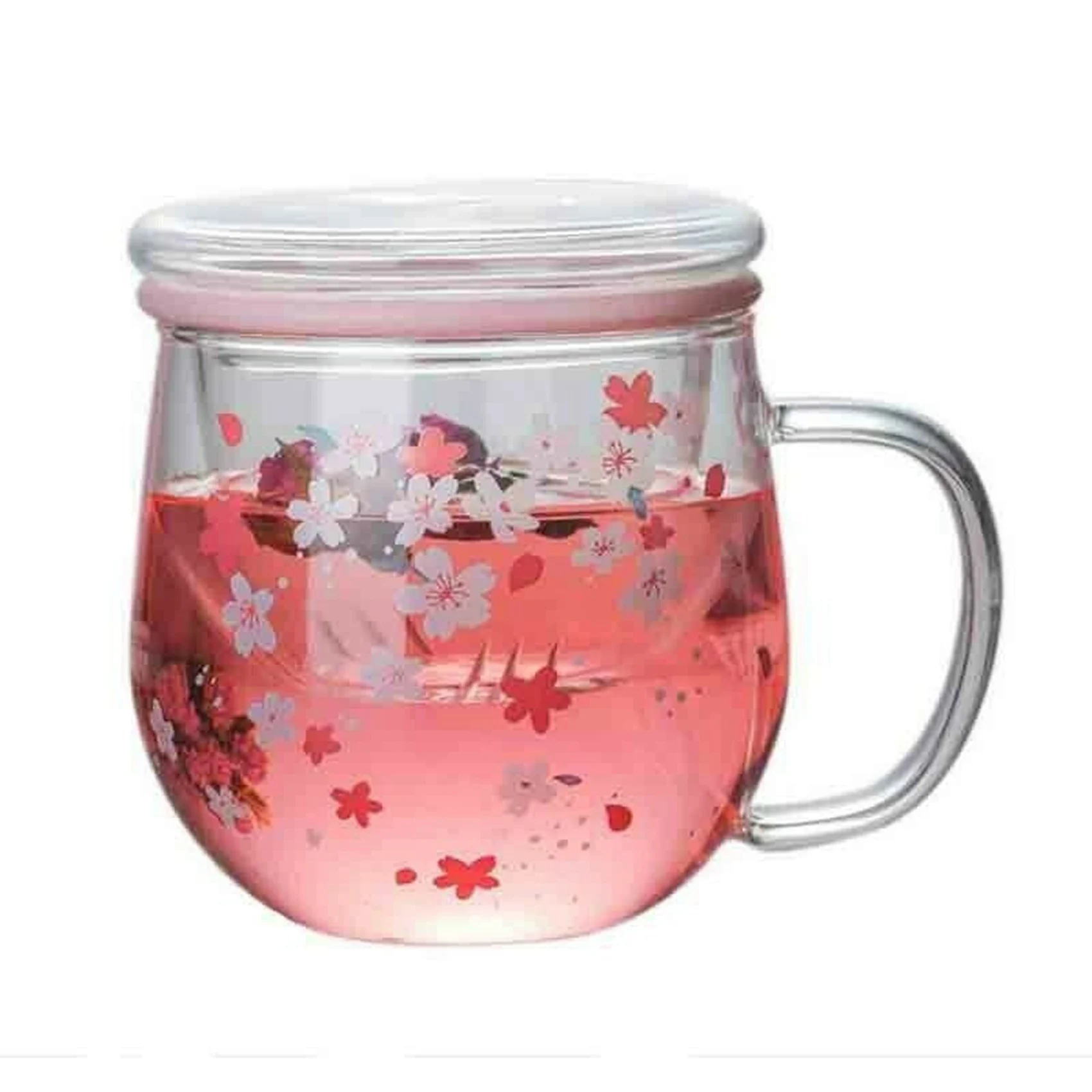 

ABUH-Sakura Mug Glass Mug With Tea Infuser Filter&Lid Cherry Blossoms Cup Set Blossoms Flower Teacup 300Ml Glasses Drinking