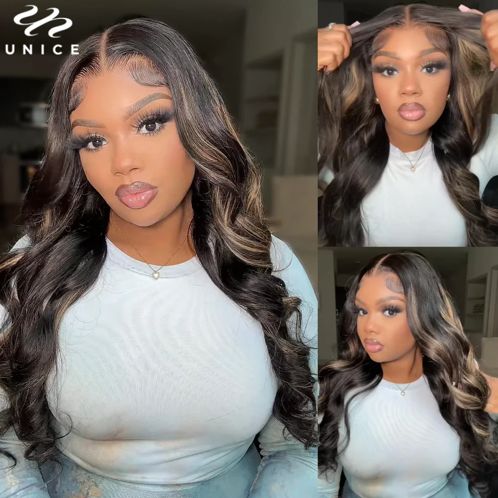 UNice Blonde Highlight Body Wave Wig 7x5 Предварительно вырезанный парик из натуральных волос на шнуровке Готов к ношению Бесклеевой парик 150% Плотность