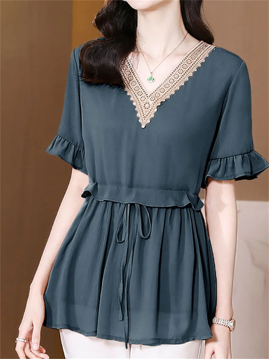 4XL Women Spring Summer Blouses Shirts Lady Fashion Casual Short Sleeve V-Neck Collar Lace Embroidery Blusas Tops TT2293