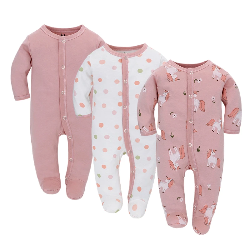 0-7M 3pcs Newborn Baby Cotton Footie Pajamas Infant Boy Girl Long Sleeve Onesies Jumpsuit Autumn Winter Sleepwear Rompers Clothe