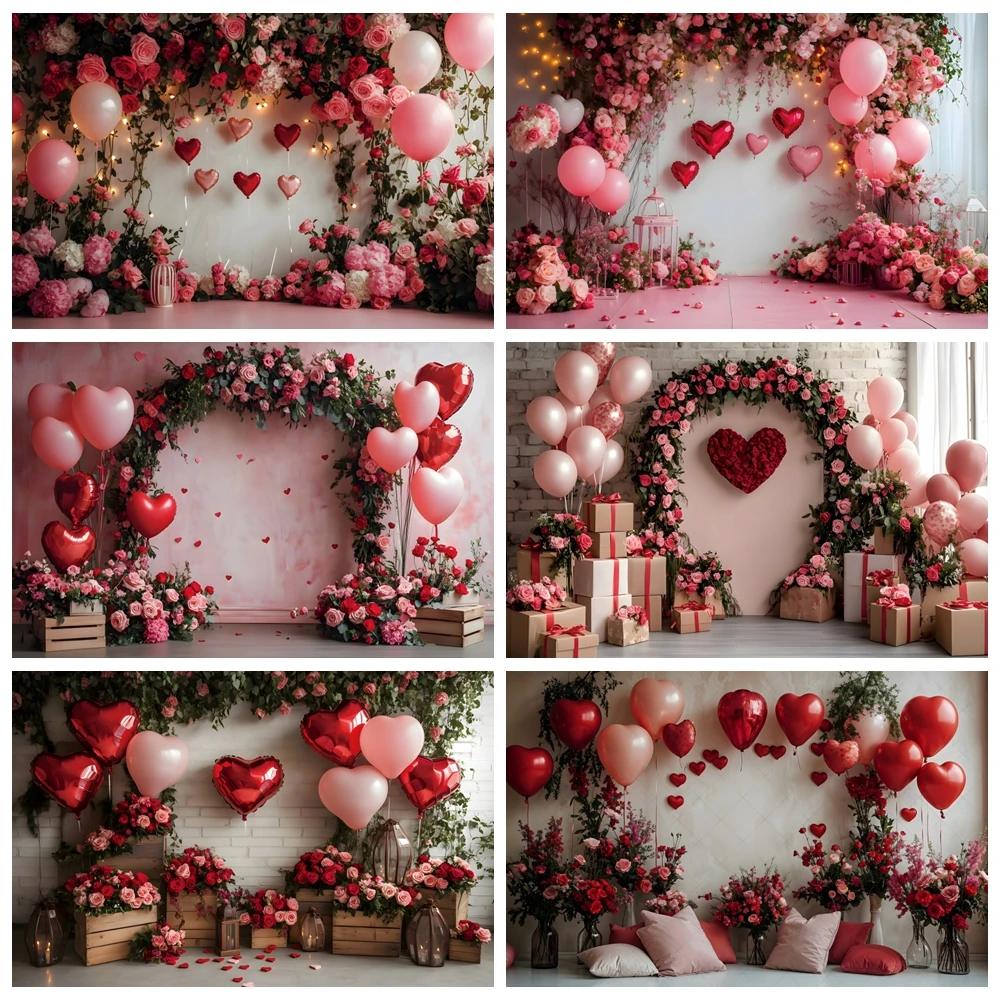 Valentine's Day Photography Backdrop February 14th Love Heart Flowers Balloon Bridal Shower Wedding Party Decor Photo Background