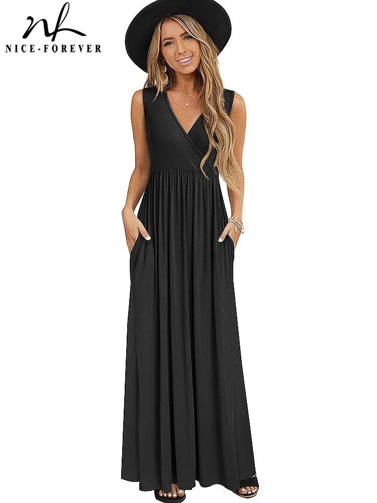 Nice-forever Summer Women Black Color Casual Dresses V-neck Maxi Long Flare Sun Dress btyA162