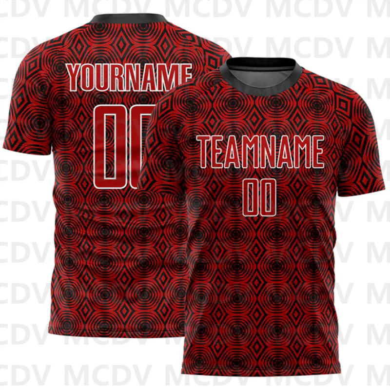 Custom Red Black-White Lines Sublimation Soccer Uniform Jersey Personlized Team name you name number T-Shirts