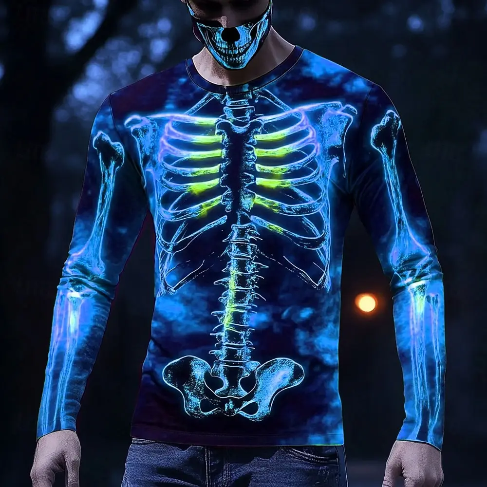 Halloween Skeleton Prints Long Sleeve T-Shirts for Men Gothic Trendy Streetwear Casual Tops Halloween Party Tee 2025 Fall Winter