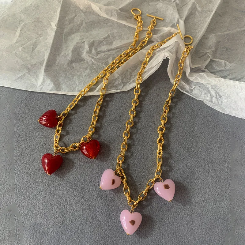 Pink red heart stone charm necklaces for women ot clasp stone necklaces  cute kawaii jewelry for teenage girls dopamine