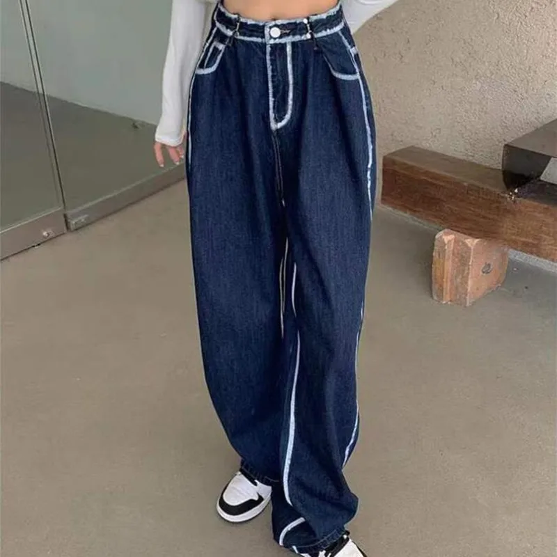 

New Graffiti Dark Blue Jeans Button Waist Design High Waist Wide Leg Pants women