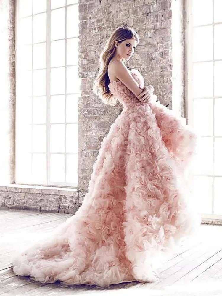 Blush High Low Strapless Neckline Ruffles A-Line Tulle Sleeveless Formal Wedding Guest Evening Prom Dresses Summer 2023