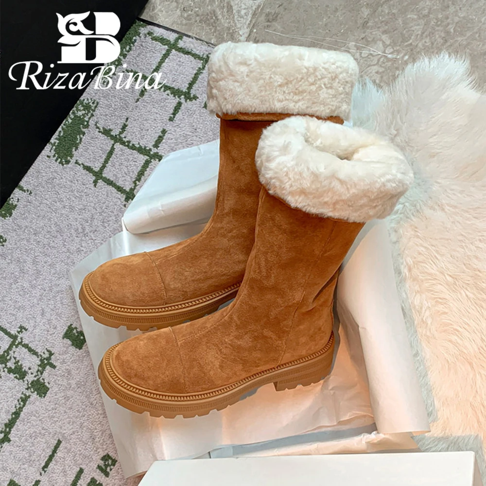 

RIZABINA Cow Suede Women Knee High Boots Slip On Warm Wool Lined Thick Bottom Long Boots Ladies Elegant Winter Daily Snow Boots