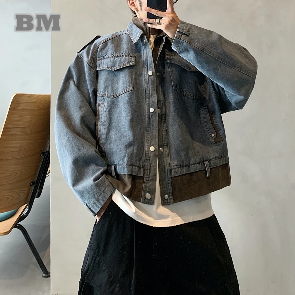 

Американская винтажная джинсовая куртка с потертостями, мужская искусственная уличная одежда в стиле хип-хоп из двух предметов, корейское высококачественное модное городское пальто большого размера