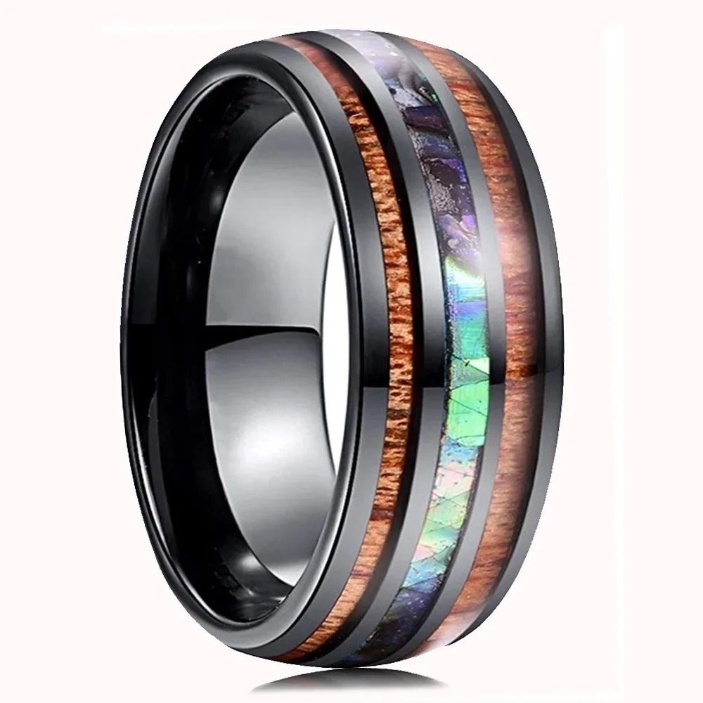 8mm Men's Stainless Steel Rings Hawaiian Koa Wood And Abalone Shell Opal Inlay Ring Wedding Jewelry