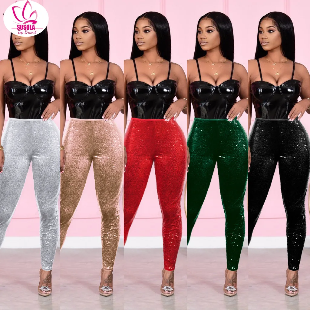 

SUSOLA Glitter Sequin Sexy Skinny Pants Women Trousers Push Up High Waist Black Pants Female Winter Club Pencil Bodycon Pants