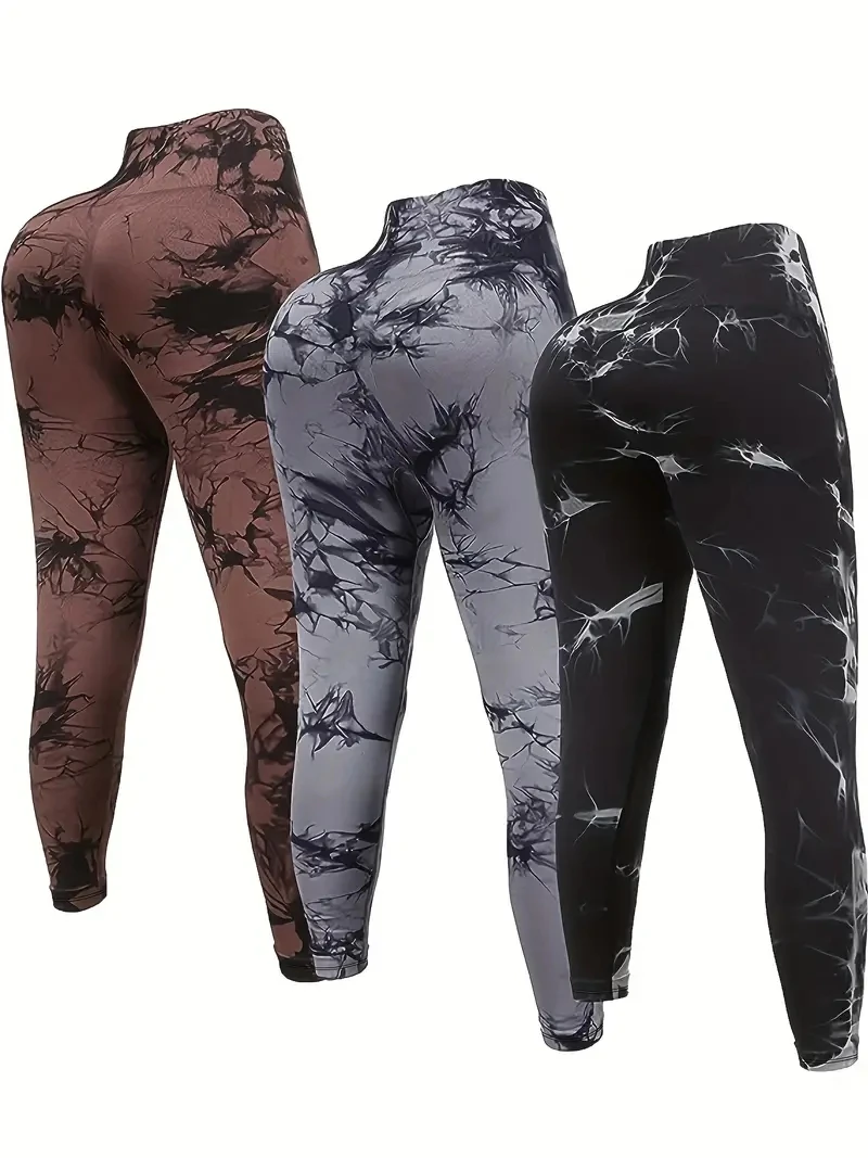 3 Pack Plus Size Athletic Leggings Set, Women's Plus Size Tie Dye High Waist Butt Lift Running Pants 3 Pack