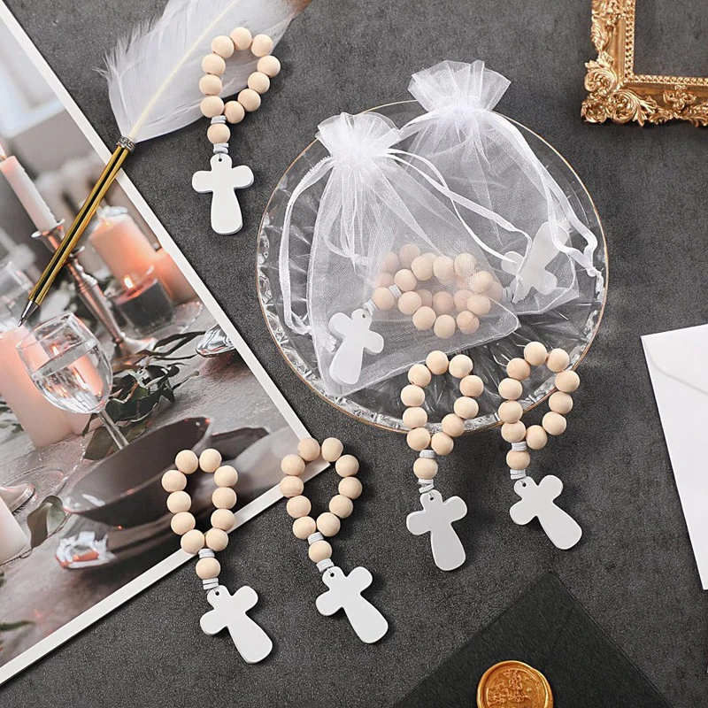 40 Sets Wooden Rosary Wood Bulk Catholic with Crucifix Wooden Cross Pendant with White Mesh Bags for Baptism First Communion