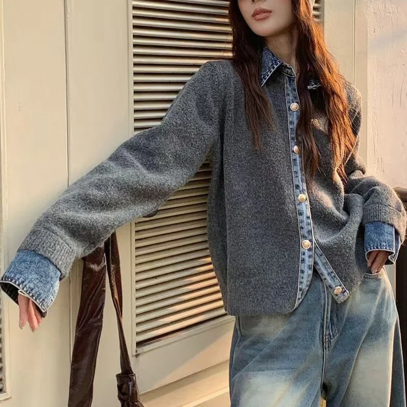 เสื้อสเวตเตอร์ถักลายปะผ้ายีนส์ แขนยาว สไตล์ฮาราจูกุ Y2K เกาหลี ทรงหลวม แฟชั่นลำลอง สตรีท คลาสสิก
