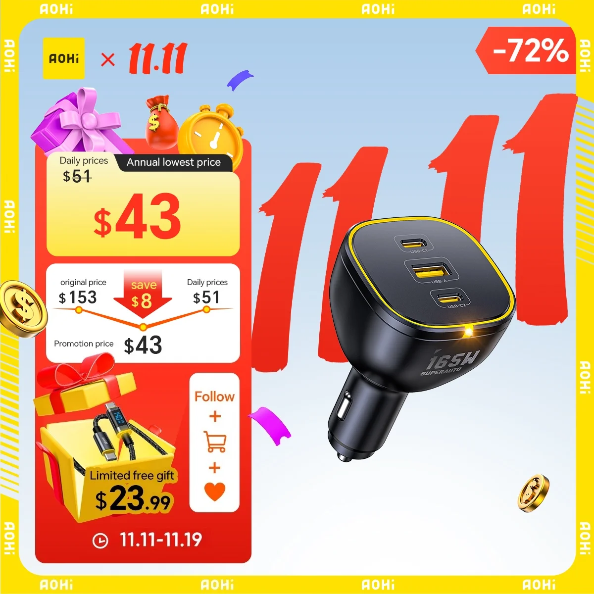 

AOHI SUPERAUTO PD 165W Fast Car Charger USB C Car Charger Adapter Compatible with iPhone 16 Galaxy S23 Ultra iPad MacBook