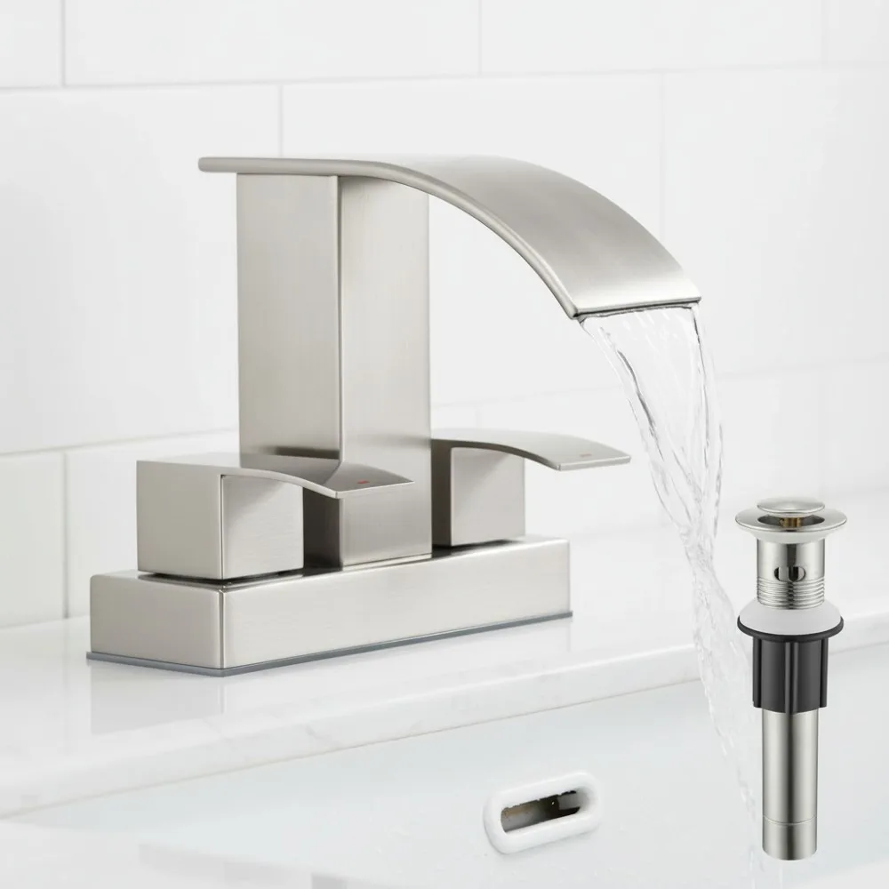 

Waterfall Bathroom Sink Faucet Set with Pop Up Drain - 4 Inch Centerset 2 Handle Brushed Nickel Vanity Mixer Tap