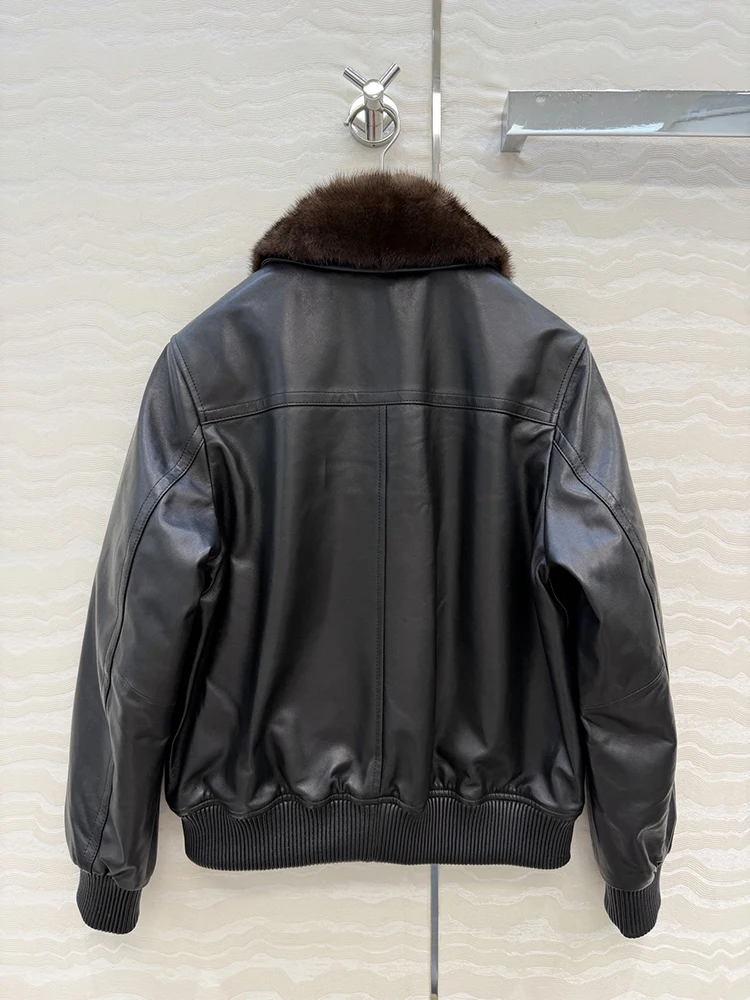 SVORYXIU الخريف الشتاء نمط جديد المنك طوق سترة معطف جلد الغنم النقي امرأة الموضة سترة جلدية حقيقية #3