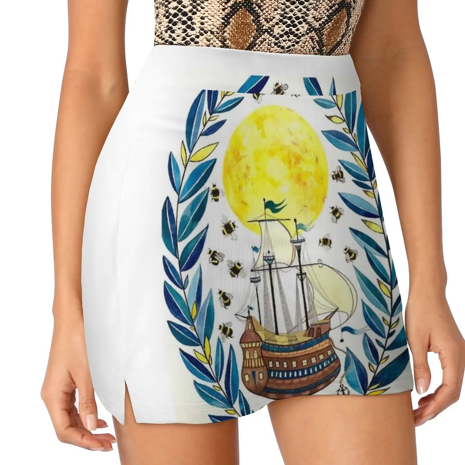 Ship Moon Women's skirt Aesthetic skirts New Fashion Short Skirts Ship Bee Bees Moon Tattoo Watercolor Yellow Moon Old School