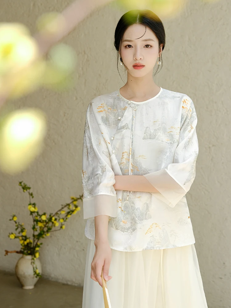 

Новая китайская летняя блузка с круглым вырезом и жемчужными пуговицами, оригинальный топ в стиле Ханьфу для чайной церемонии, женская модная традиционная одежда