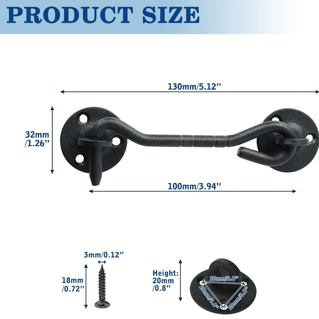 Black，Barn door lock, stainless steel heavy-duty door latch hook lock, suitable for wooden fence shed doors and windows，2 pieces