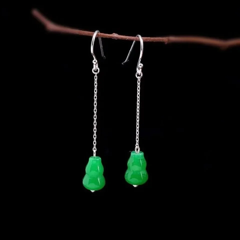 925 Silver Natural Green Jade Circular Gourd Beads Earrings Original DIY By Hand Accessories Women Luck Gift Jewelry Customized