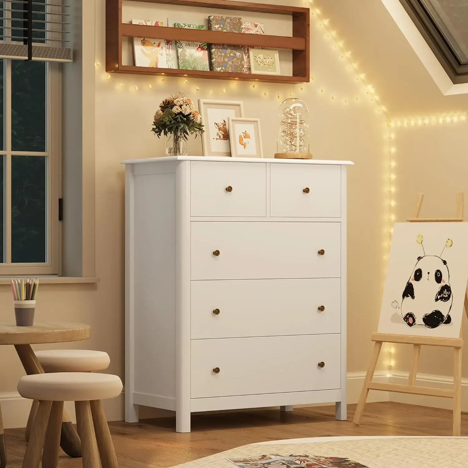 White Dresser with 5 Drawers, Tall Dresser Chest of Drawers, 5 Drawer with Deep Space, Wood Storage Cabinet