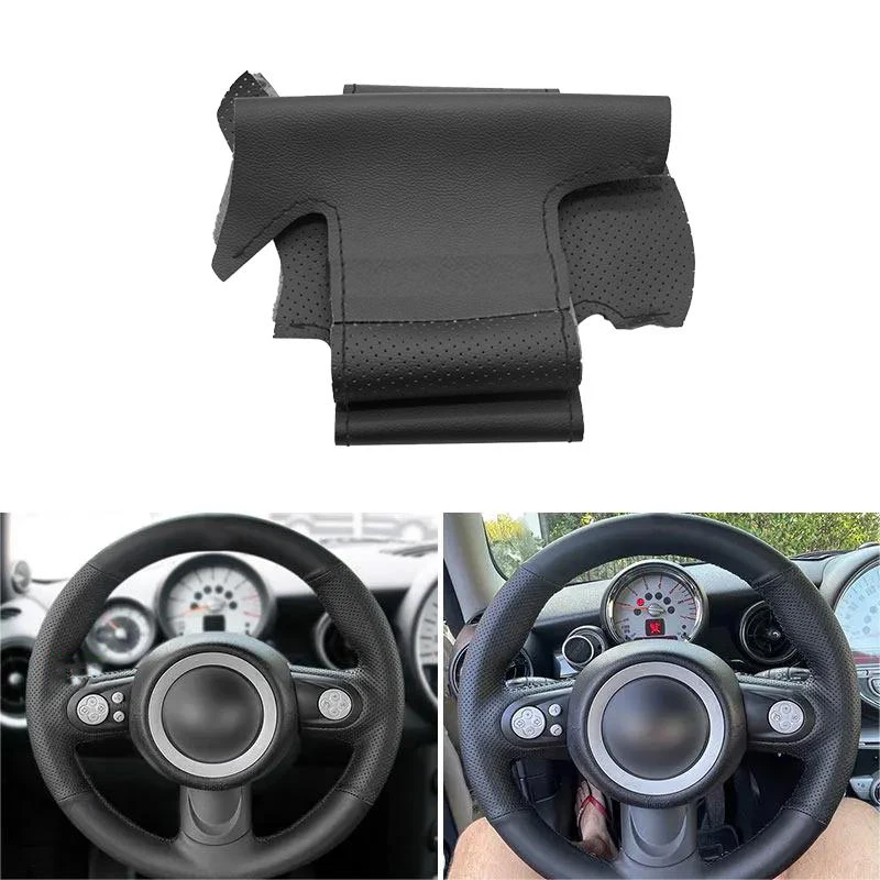 Hand Braid Car Steering Wheel Cover Leather Trim Black For Mini R56 R57 Hatchback Clubman Convertible Coupe Roadster 3-Spoke