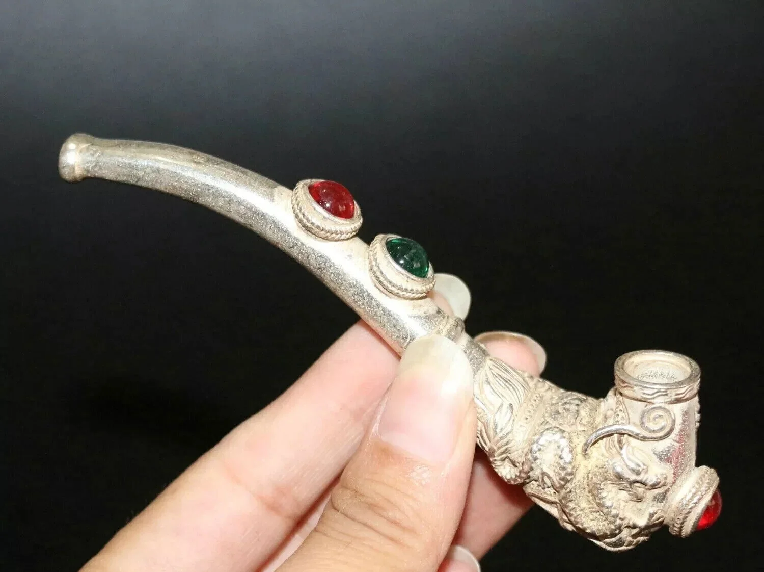 Rare Old Chinese Silver Inlay Gems Dragon Head Tobacco pipe igarette holder