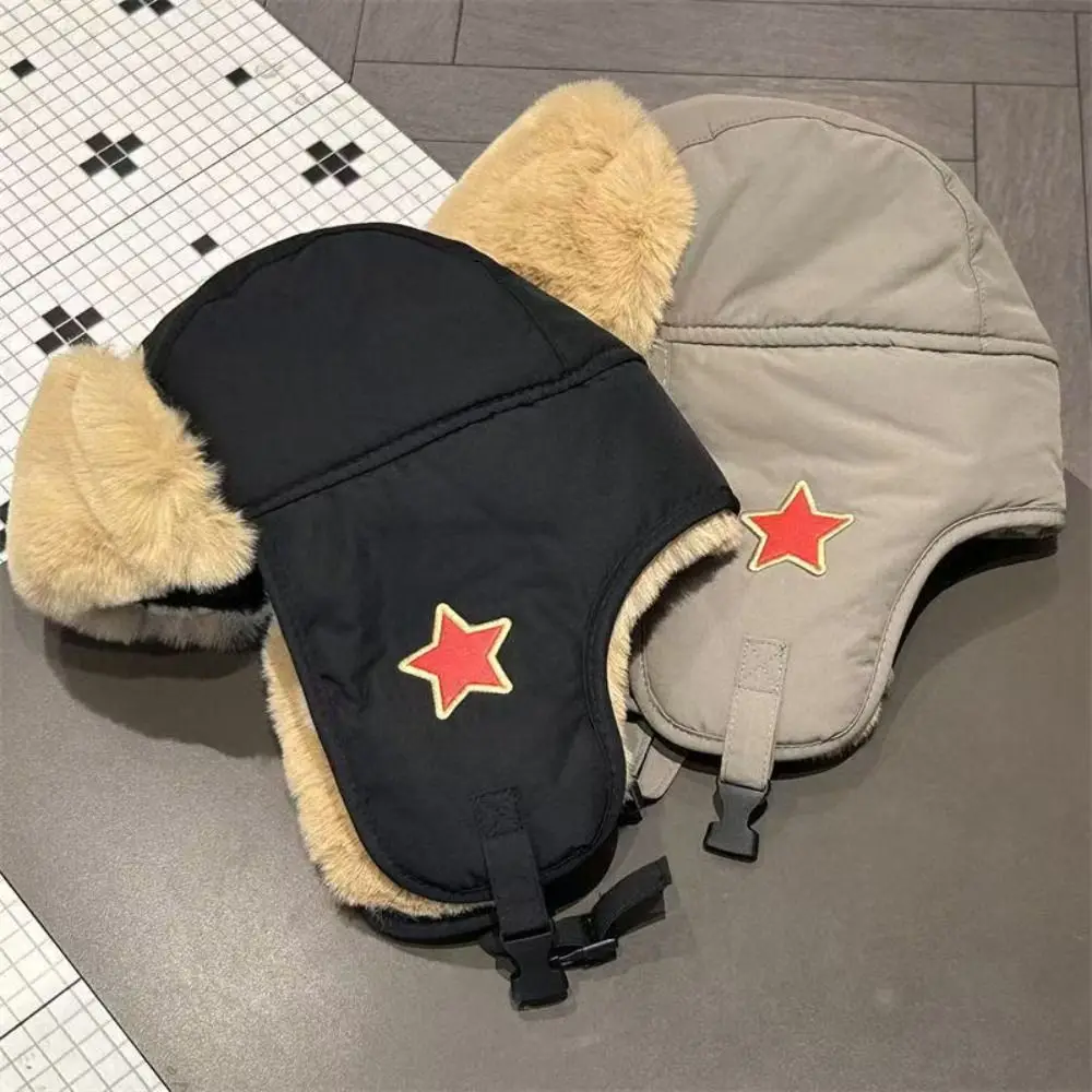 Faux Fur Lined Lei Feng Earflap Hat Cold-Resistant Windproof Pullover Cap Red Star Ushanka Hat Thickened Unisex Pilot's Hat