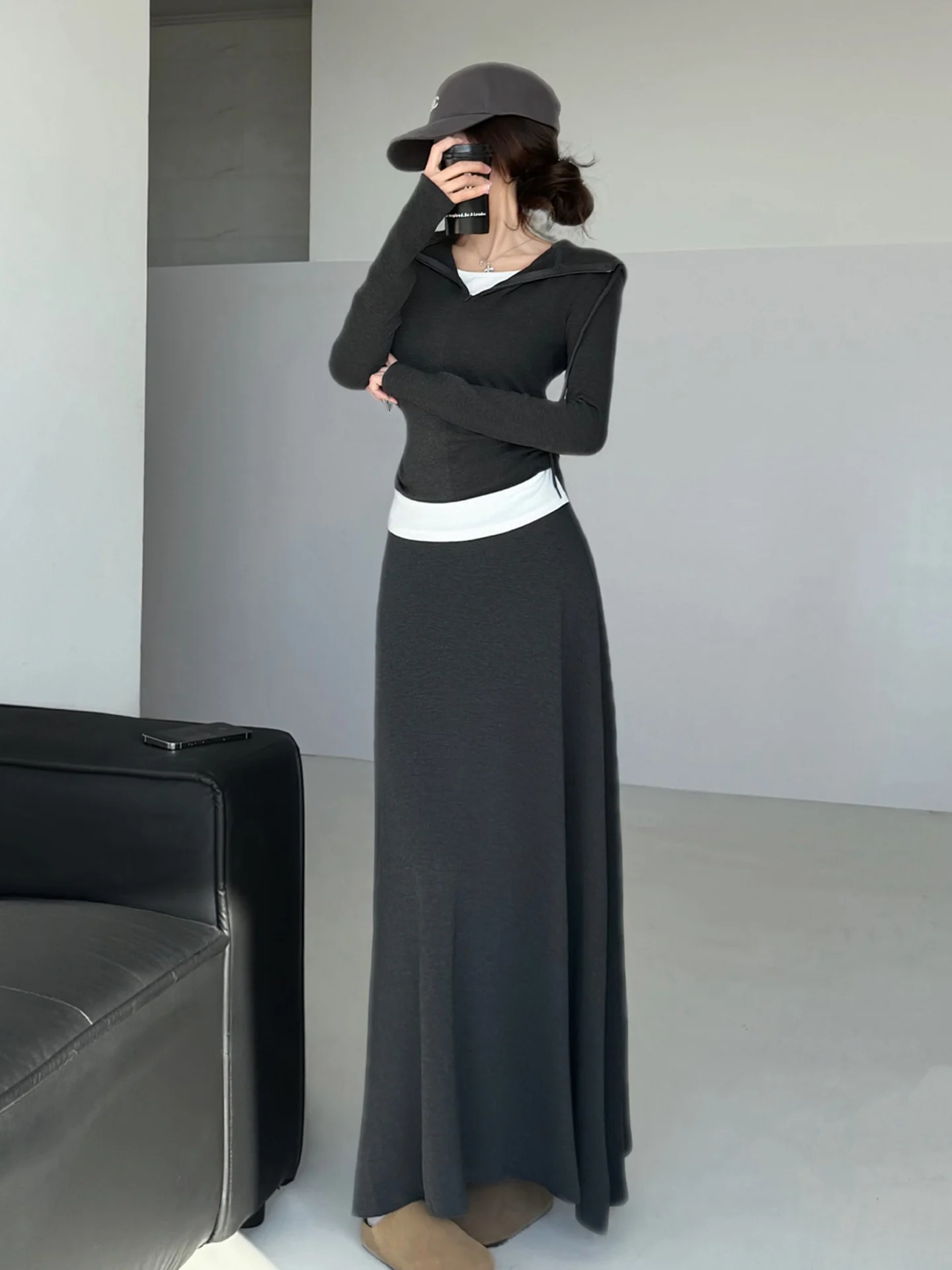 

Korean Sle Lazy Sle Hat T-irt Set Women's Spring Autumn Age Reduction Skirt Long Pants Two-Piece Set Faionable Ensemble