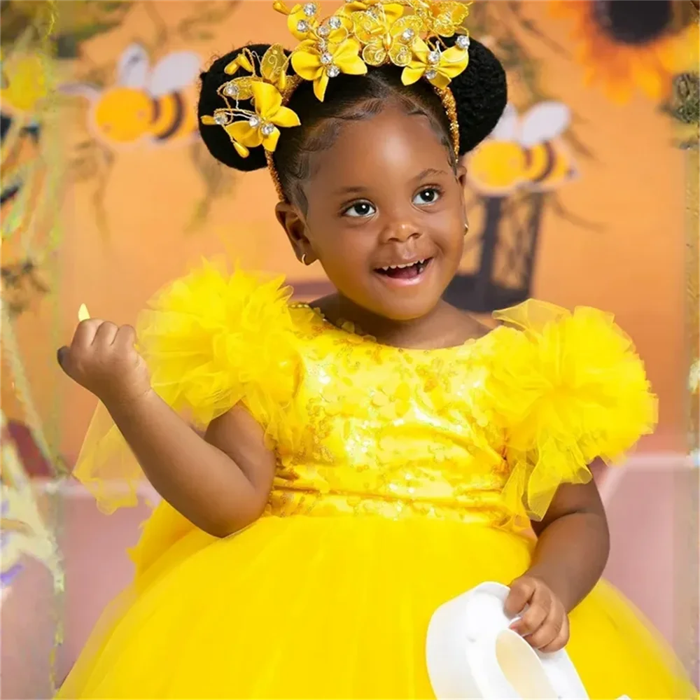 Yellow Beauty Pageant Flower Girl Dresses Short Sleeve Tulle Princess Ball Gowns Girls First Birthday Party Dress For Wedding