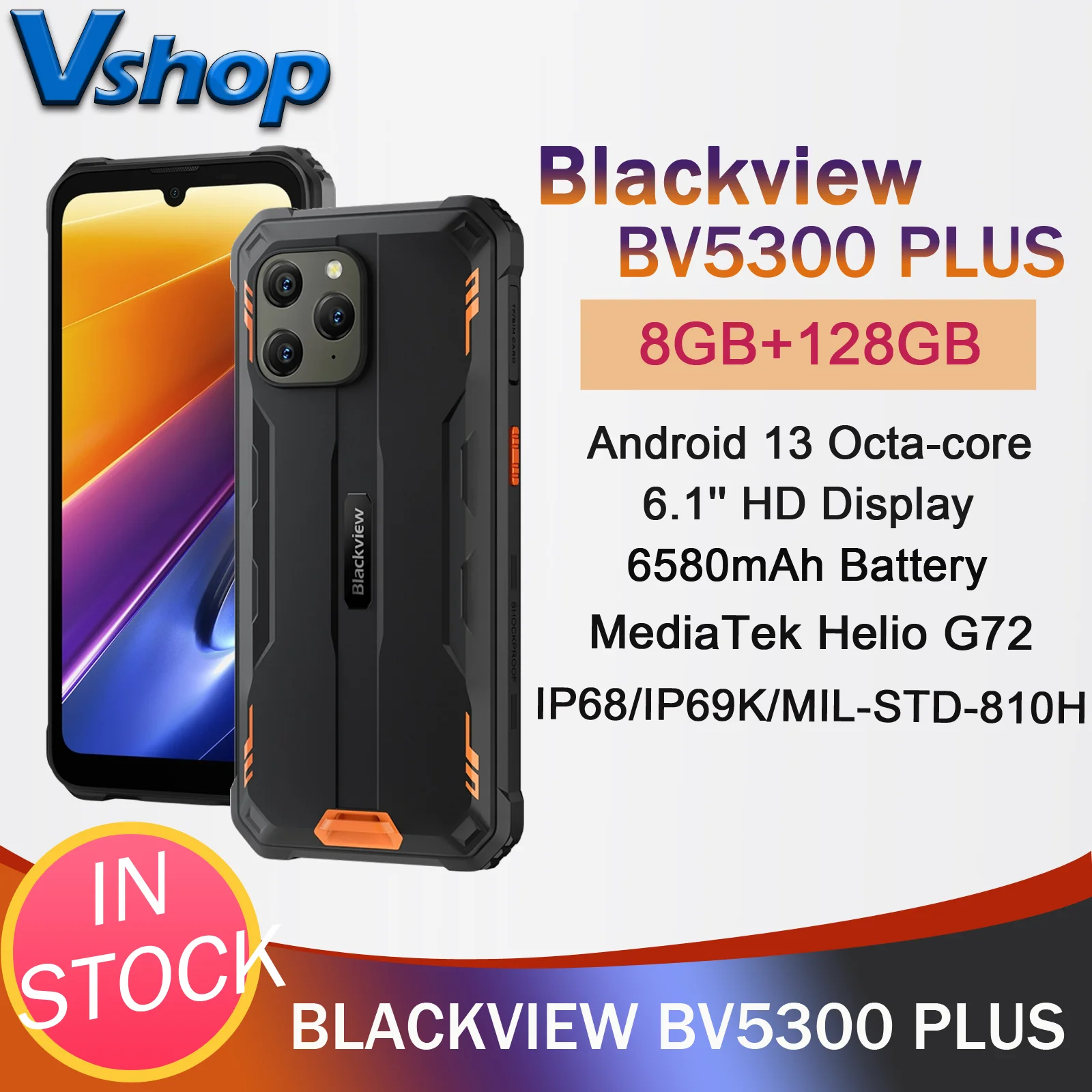 Blackview BV5300 Plus Rugged Phone  8GB+128GB IP68/IP69K 6.1'' HD Display 6580mAh Android 13 MediaTek Helio G72 4G Smartphone