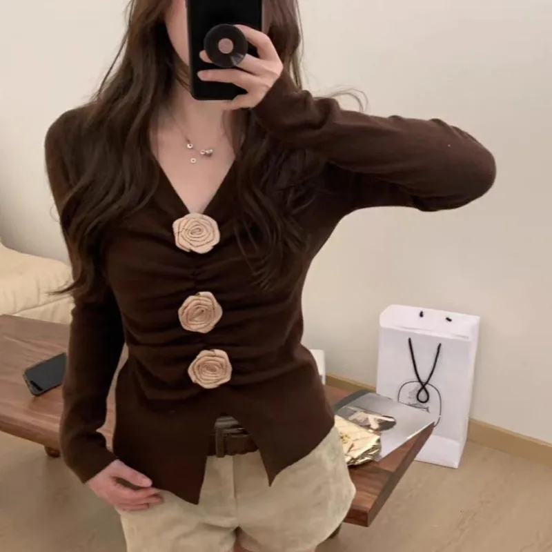 Pullovers for Women Knitted Korean Style V-neck Rose Autumn Winter Simple Chic Tops Casual High Street Niche Long Sleeve New