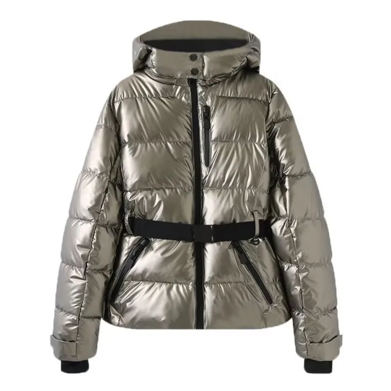 Damski zestaw narciarski 2025: kurtka puchowa z kapturem, wiązana w talii, z efektem tie-dye, uniwersalna, ocieplana odzież wierzchnia idealna do jazdy narciarstwa i na co dzień.