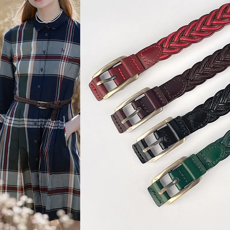 2cm New Thin Woving Vintage Women's Belt with Casual Pants Dress,Woman Wove Fashion Slim and Non Perforated Belts