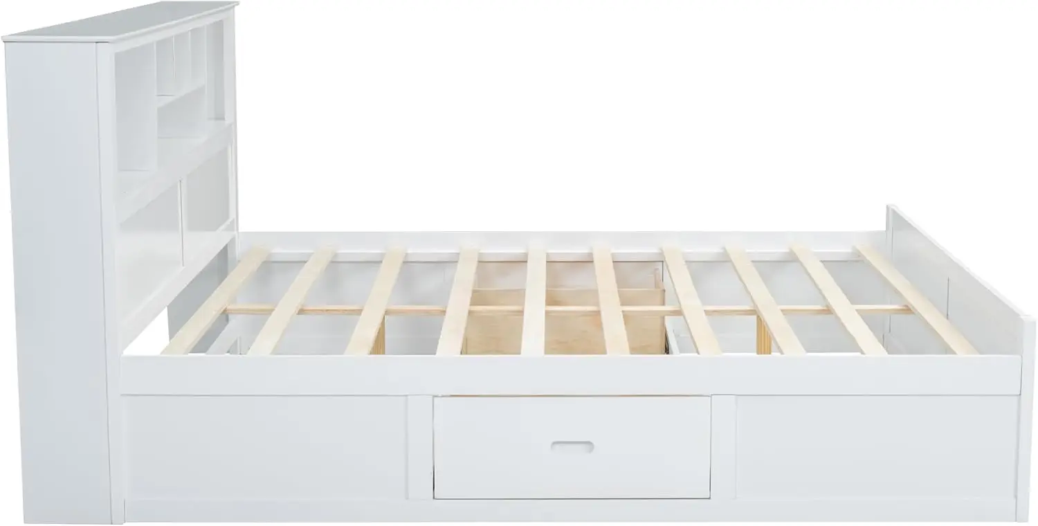 King Size Platform Bed with Bookcase Headboard and Storage Drawers, Wood King Storage Bed Frame with USB, White image 5