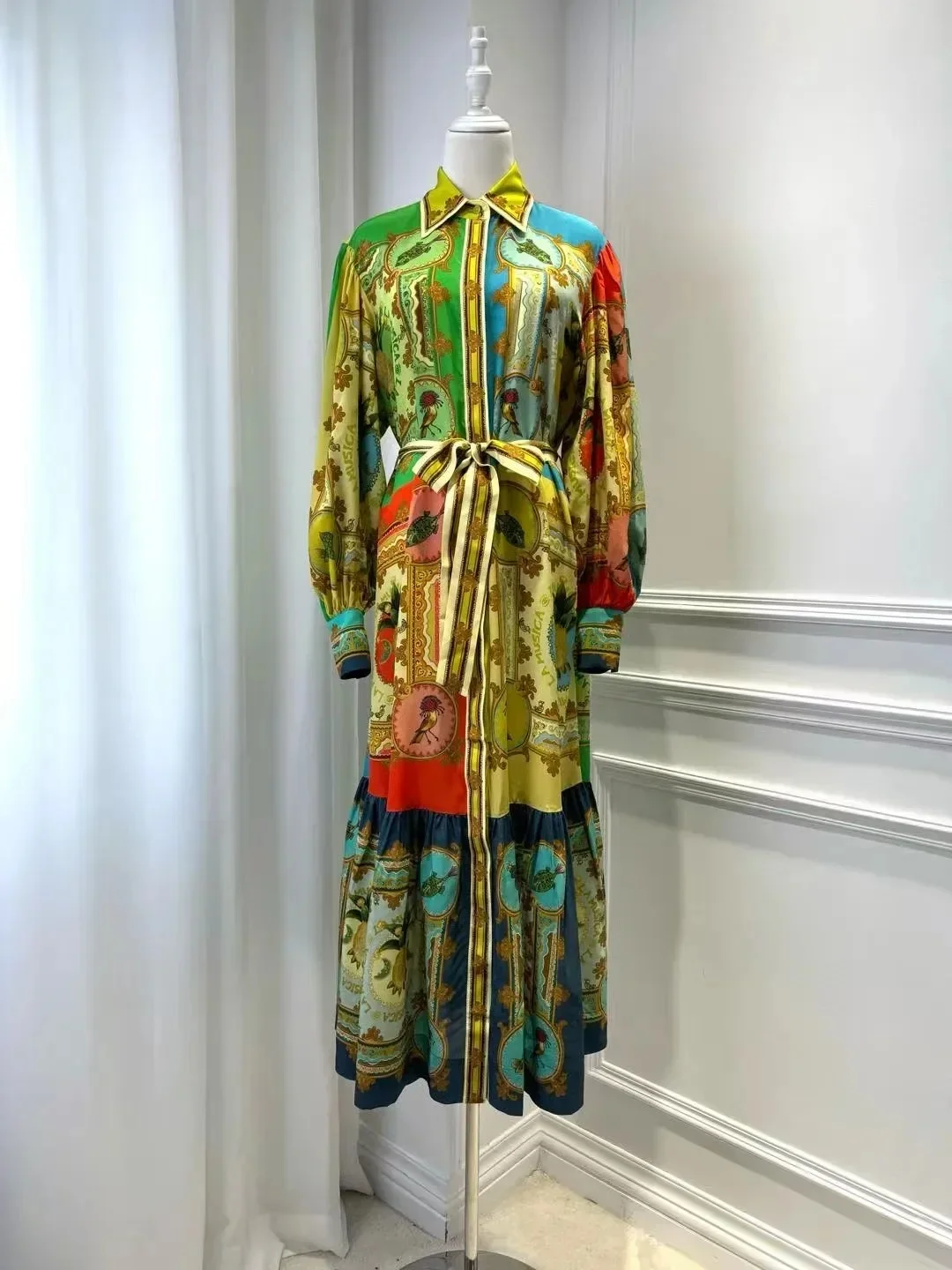 

，2025 Autumn Winter Fashion Casual Versatile Printed Shirt Collar Long Dress for Women