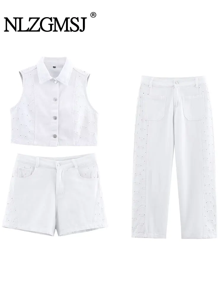 

NLZGMSJ винтажный шикарный женский вышитый ажурный костюм с круглым вырезом без рукавов однобортный жилет шорты новая мода 2023 летние комплекты