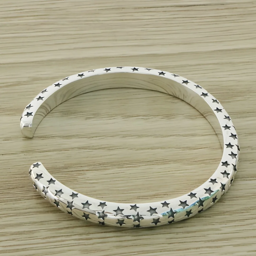 New S925 Sterling Silver Charms Bangle for Men Women Antique Five Pointed Stars Pattern Punk Bracelet Fine Choice Jewelry