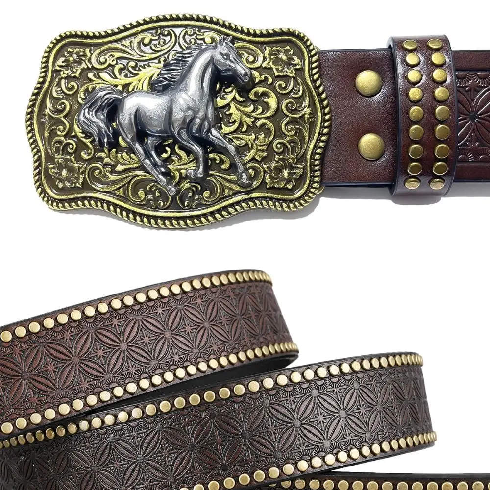 

Fashion Carved Western Cowboy Belt Luxury Design Horse Buckle Embossed Rivet Belt Trendy Brand PU Leather Belt For Women Man