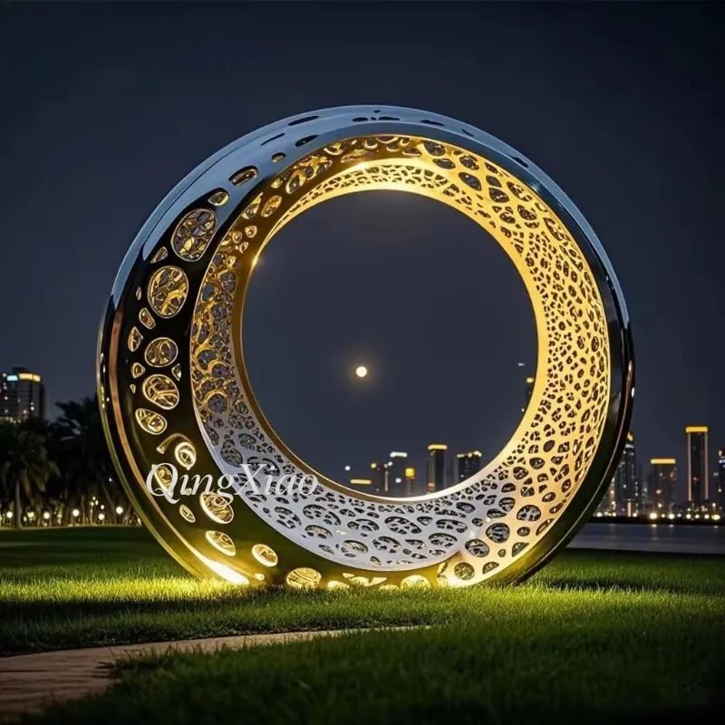 Polished Irregular Hole Hollow Glowing Ring Stainless Steel Sculpture Abstract Luminous Statue For Urban Park Outdoor Landscape
