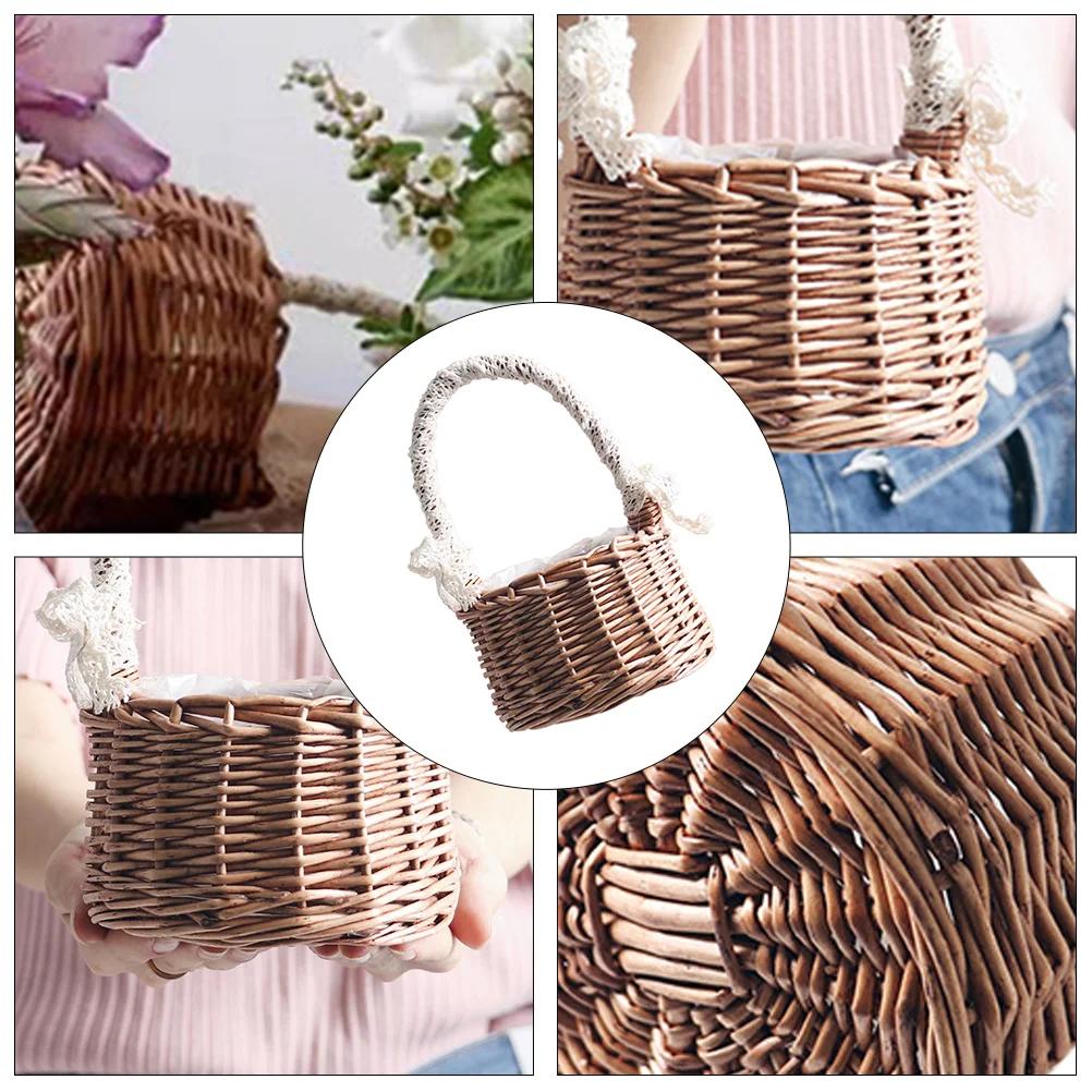 Portable Lace Handheld Flower Basket for Wedding Decor Rattan Woven Container Storage Baskets Gifts Banquet Home Accessories