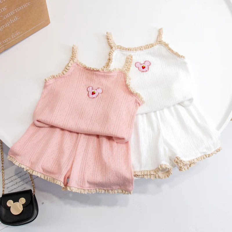 

2023 Summer Cotton Baby Girls Clothing Sets Cute Strawberry Sling Vest Top + Shorts Little Princess Suits 1-5 Years Kids Clothes