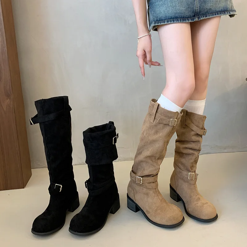 

Pleated Slouch Boots for Women with Chunky Heels2025New Autumn Winter Over-the-Knee Thick-Soled Fashion Boots with Belt Buckle
