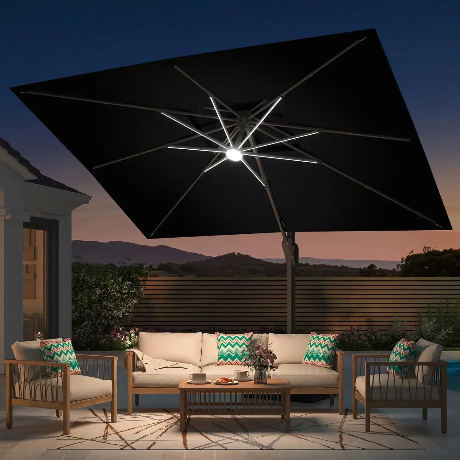 10' X 13' Patio Umbrella with LED Lights Outdoor Cantilever Large Rectangle Offset Umbrellas Heavy Duty Aluminum Double Top with