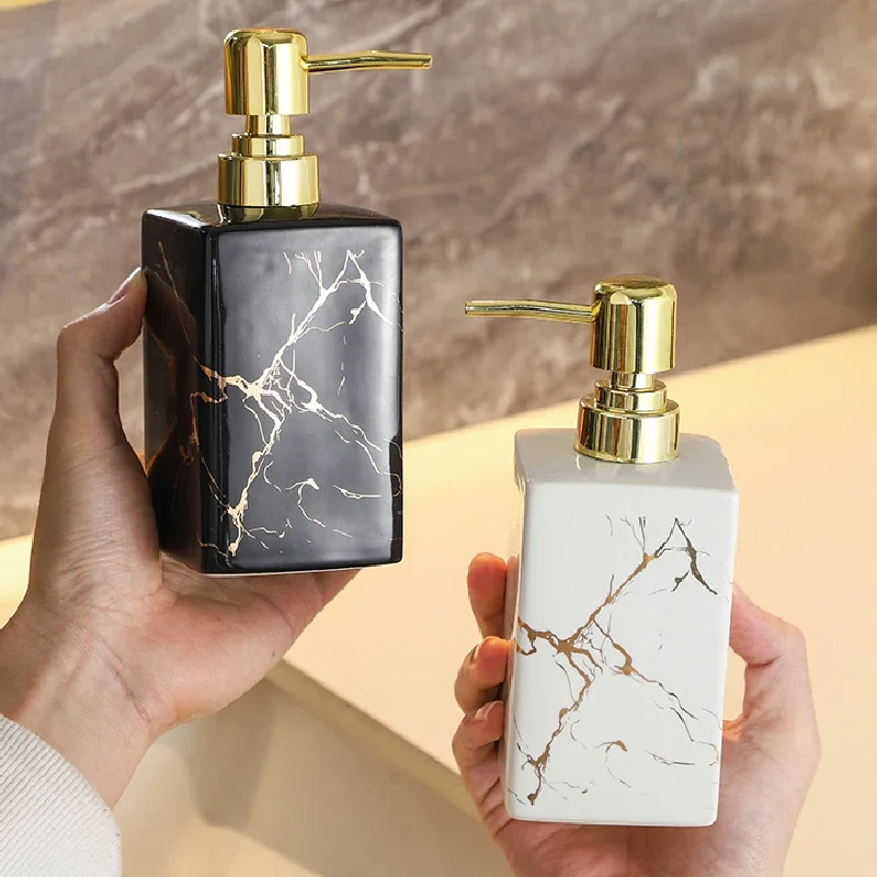 

Square Emulsion Bottle Black and White Marble Ceramic Press Bottle Shower Gel Shampoo Bottle Bathroom Decorative Soap Dispenser
