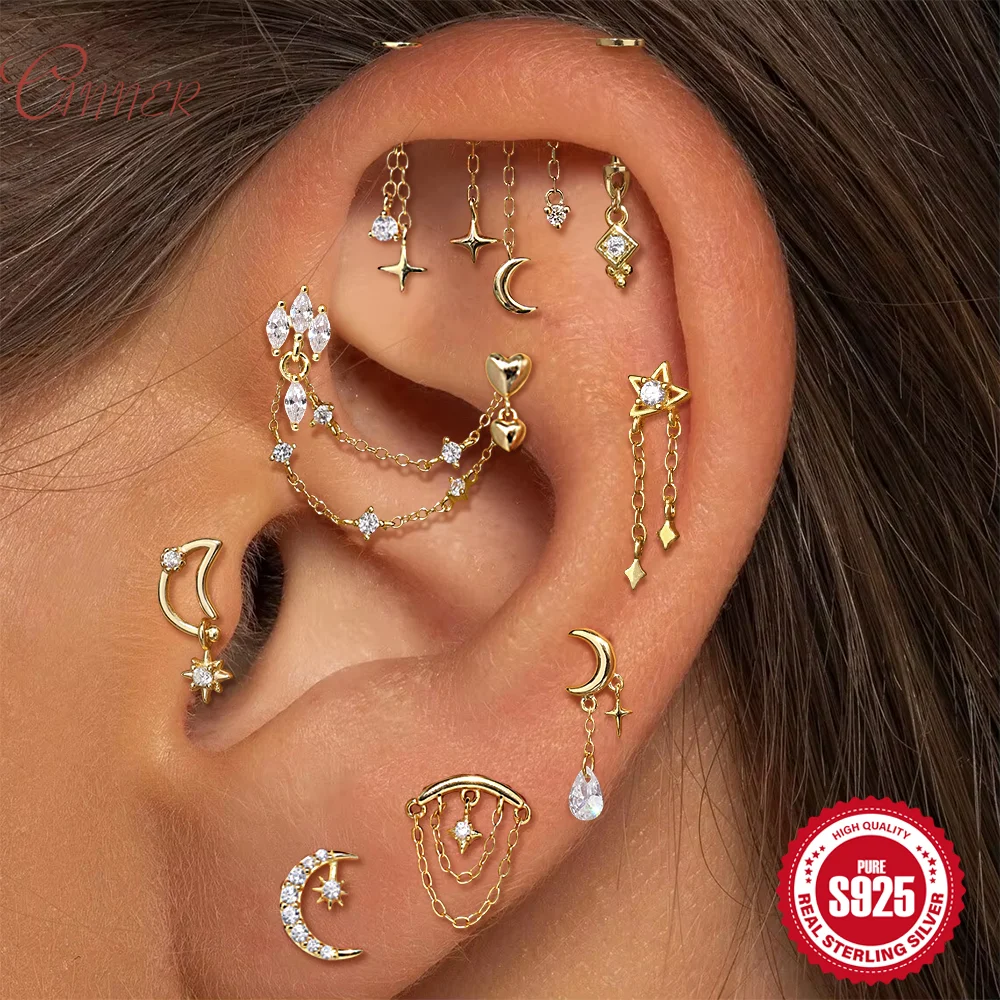 CANNER 1PC 925 Silver Horse Eye Geometric Zircon Cartilage Chain Earrings For Women Ins Long Chain Star Moon Accessory Ear Chain