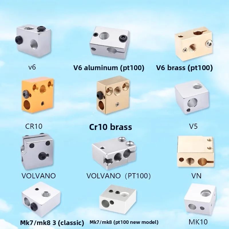 

1PC 3D hot end block E3D/V5/V6/CR10/MK7/MK8/MK2/MK10 Volcano PT100 2 in 1 out aluminum/copper for 3D printer hot end parts