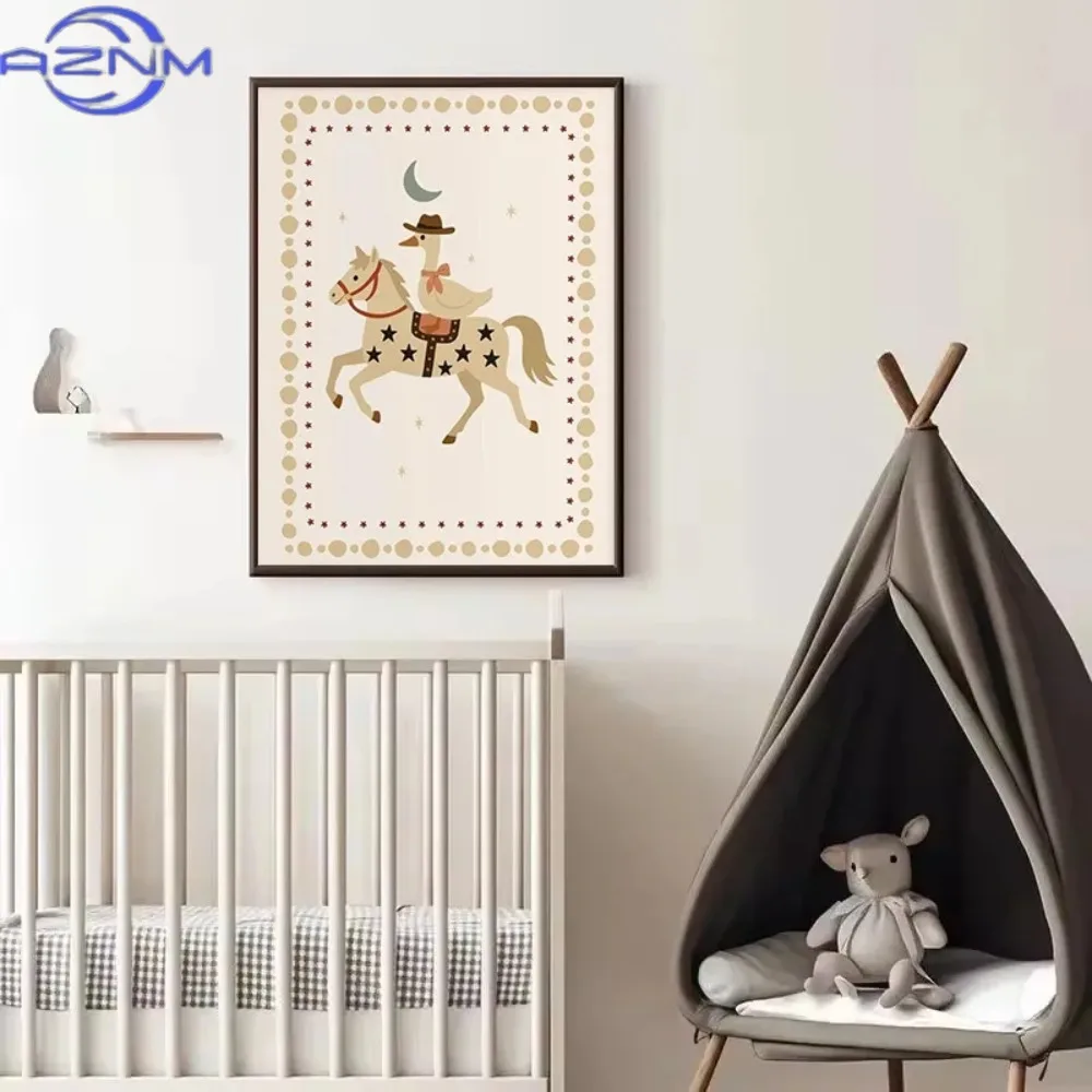 Frameless Vintage Cowboy Silly Goose Western Duck Frog Animal Cartoon Poster Canvas Painting Wall Art Picture Home Bedroom Decor